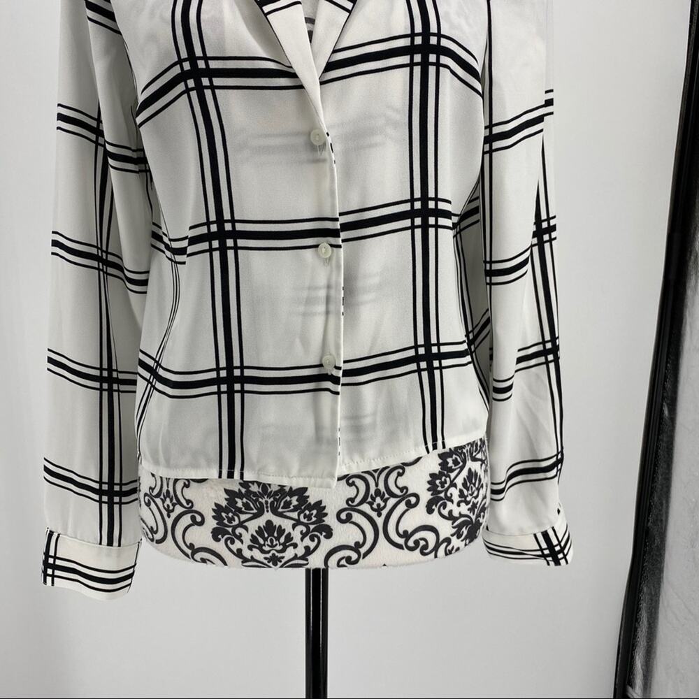 Leith Black White Windowpane Check Button Front Blouse Notched Collar L/S - Picture 6 of 10